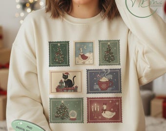 Christmas Holiday Stamp PNG Sublimation Design, Vintage Xmas Art, Festive Animals Graphic, Digital Download