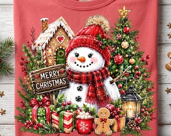 メリークリスマス スノーマン PNG 昇華プリントデザイン、お祝いムード満点の冬のホリデーシャツ用グラフィック（デジタルダウンロード）