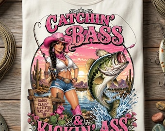 Catchin 'Bass & Kickin' Ass PNG Sublimationsdesign, Western Bass Fischerin, Cowgirl Angeln Grafik (Digitaler Download)