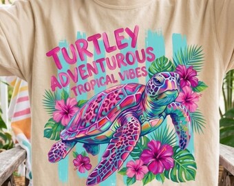 Żółw Adventurous Tropical Vibes PNG, Wzór sublimacji z żółwiem morskim, Letnia grafika nadmorska (Pobieranie cyfrowe)