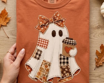 フェイクパッチワークコケットゴーストパンプキンコーヒーPNG昇華プリント、秋のパンプキンスパイスグラフィック（デジタルダウンロード）