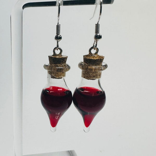 Handmade Resin Blood Glass Vile Silver Earrings