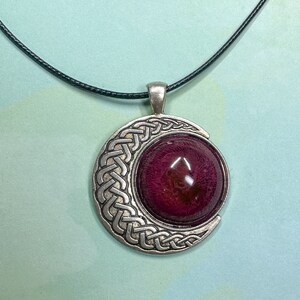 Silver Celtic Knot Crescent Moon Red Vortex Necklace