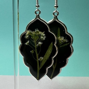 Handmade Real Pressed White Flower Black Resin Earrings