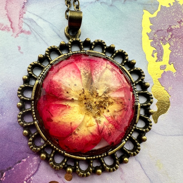 Handmade ‘Antique’ Setting, Natural Real Pressed Flower Necklace