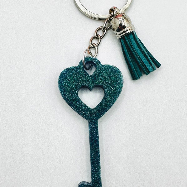 Blue Shimmer Resin Key Keychain Handmade