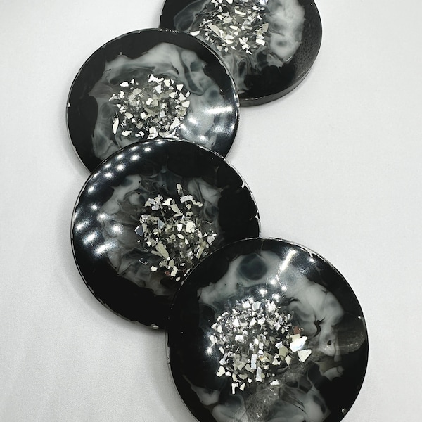 Black White and Silver Handmade Resin Coasters 3.5 in Set of 4