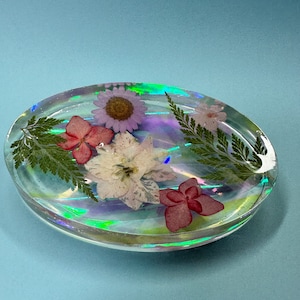 Handmade Holographic Resin Dish: Pressed Flower Trinket Tray