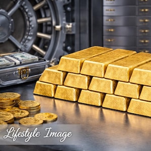 May include: A stack of gold bars and gold coins are displayed in front of a bank vault. A briefcase with stacks of money is open in the background. The words "Lifestyle Image" are at the bottom.