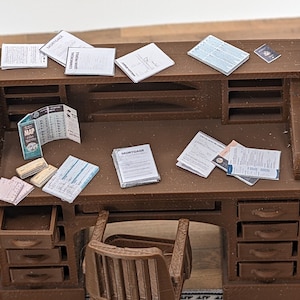 1:24 Scale 70+ Office Documents - Checks / Desk and Office Clutter / Copy Paper Box with Paper. Scale Letter, Legal, and A4 size documents.