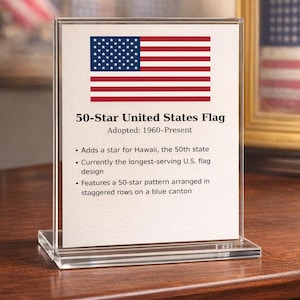 May include: A clear acrylic display featuring a 50-Star United States flag. The flag has 13 red and white stripes and a blue canton with 50 white stars. Text below the flag reads "50-Star United States Flag" and additional details.