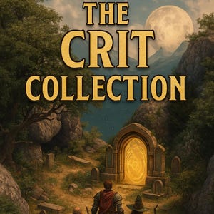 Puede incluir: Ilustración digital con el texto "THE CRIT COLLECTION". La imagen muestra una escena de fantasía con un portal brillante, figuras con armadura y un sombrero de mago, y una luna llena. La escena está ambientada en un bosque con árboles, rocas y un camino.