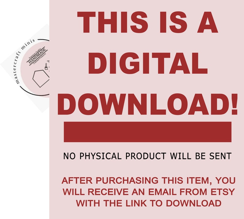 Peut inclure: Une annonce de t&eacute;l&eacute;chargement num&eacute;rique rose et blanche avec le texte "THIS IS A DIGITAL DOWNLOAD!" et "NO PHYSICAL PRODUCT WILL BE SENT" et "AFTER PURCHASING THIS ITEM, YOU WILL RECEIVE AN EMAIL FROM ETSY WITH THE LINK TO DOWNLOAD".