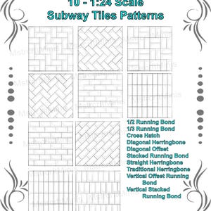 May include: A black and white diagram showing 10 different subway tile patterns, including 1/2 running bond, 1/3 running bond, cross hatch, diagonal herringbone, diagonal offset, stacked running bond, straight herringbone, traditional herringbone, vertical offset running bond, and vertical stacked running bond.