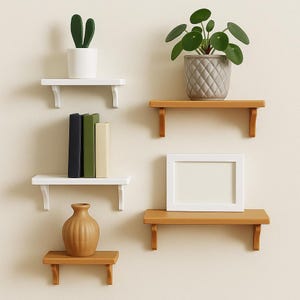 May include: A selection of wall-mounted shelves in white and brown. The shelves hold a variety of items, including a potted plant, books, a vase, and a framed picture. The shelves are fixed to a neutral-toned wall.