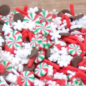 May include: A close-up of a variety of red and white candy sprinkles, including peppermint swirls, red sticks, and white snowflakes.