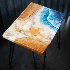 Ocean Waves Sea Shells Accent Table, Side Table, End Table | Epoxy Ocean Table