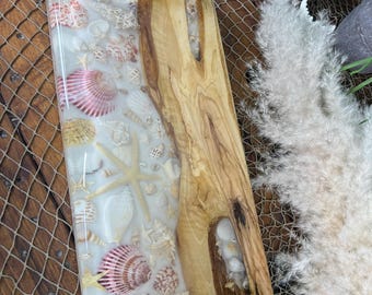 Sea Shell and Walnut Resin Serving Tray, Charcuterie Board/Wall Art