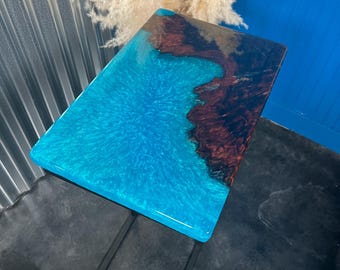 Turquoise Blue Walnut Wood Accent Table, Side Table, End Table, C-Table