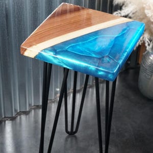 Blue Epoxy and Walnut Wood Accent Table, Side Table, End Table
