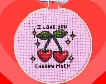 Je t'aime beaucoup Cerise | Modèle PDF de cerises au point de croix/broderie