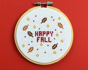 Happy Fall Cross Stitch | Cute Fall Decor | Wall and Table Top Decor | Autumn Cross Stitch