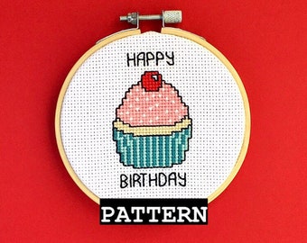 Happy Birthday Cupcake Cross Stitch Pattern | Cupcake Fiber Art | Unique Birthday Gifts | Happy Birthday PDF Pattern