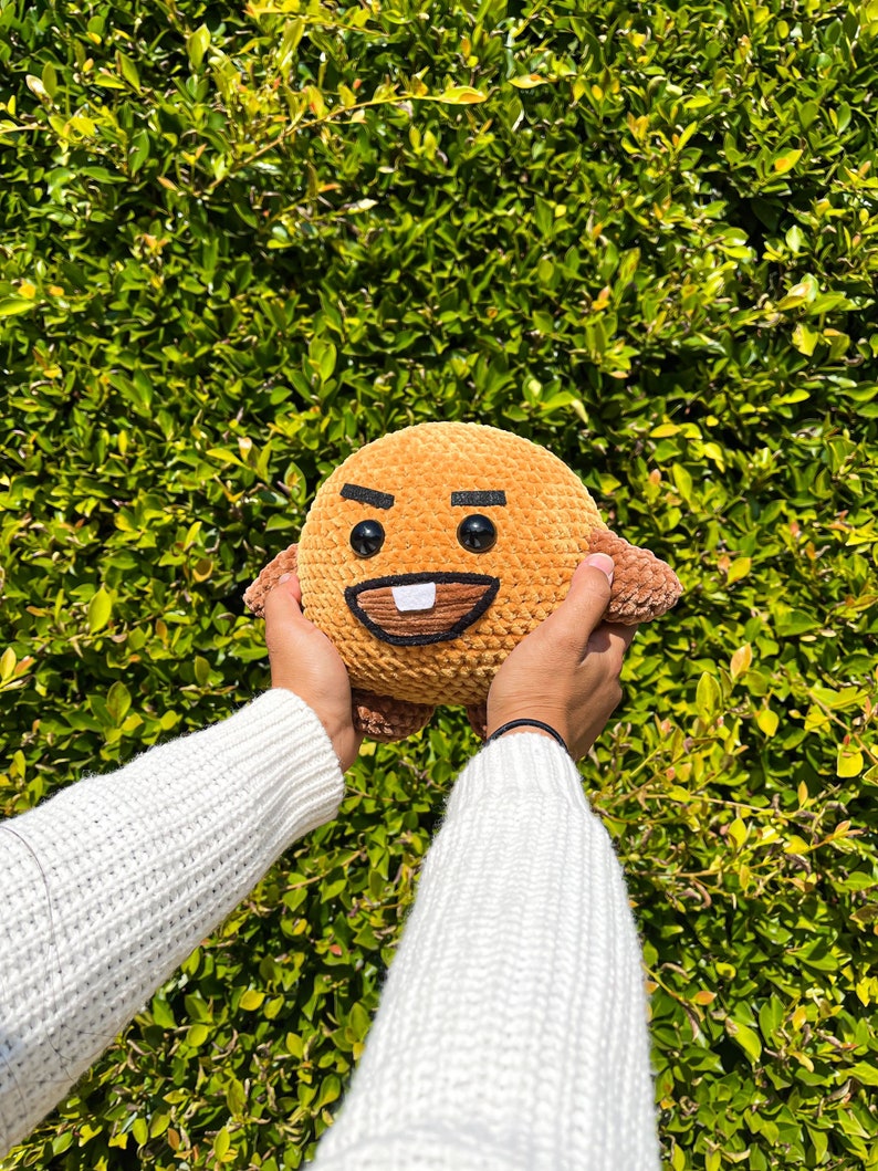 May include: A brown plush toy with a cartoon face, black eyes, and a toothy grin. The toy is being held by two hands in front of a green leafy background.