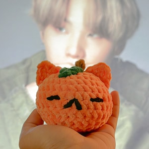 May include: A crocheted pumpkin-shaped plush toy with a green stem and black eyes. The toy is held in a person's hand.