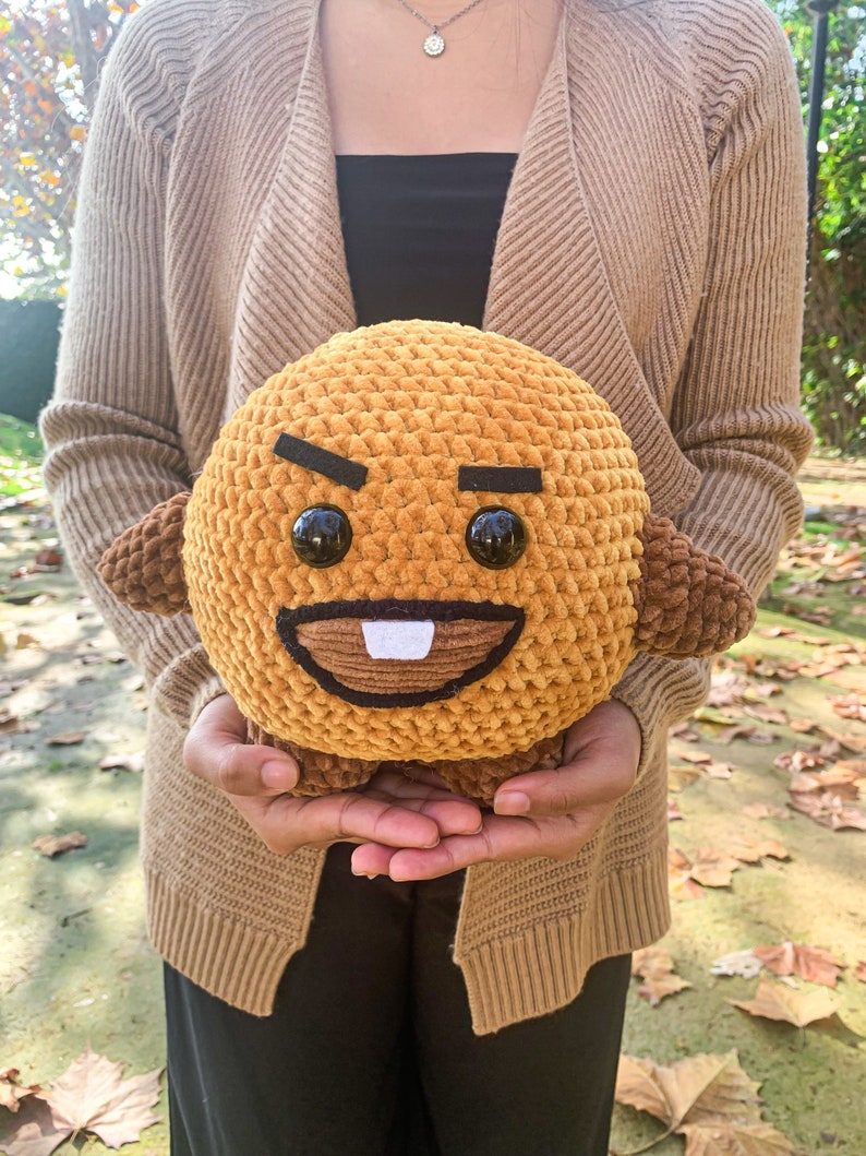 May include: A crocheted plush toy in the shape of a brown bear with a grumpy expression. The bear has black eyes, a black mouth, and a white tooth. The bear is being held by a person wearing a brown cardigan.