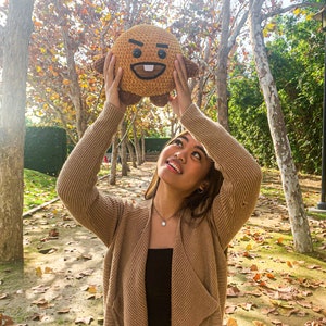 May include: A person wearing a brown cardigan holds a brown plush toy with a cartoon face. The toy has a brown body with a white face and black eyes. The person is standing in a park with trees and leaves on the ground.