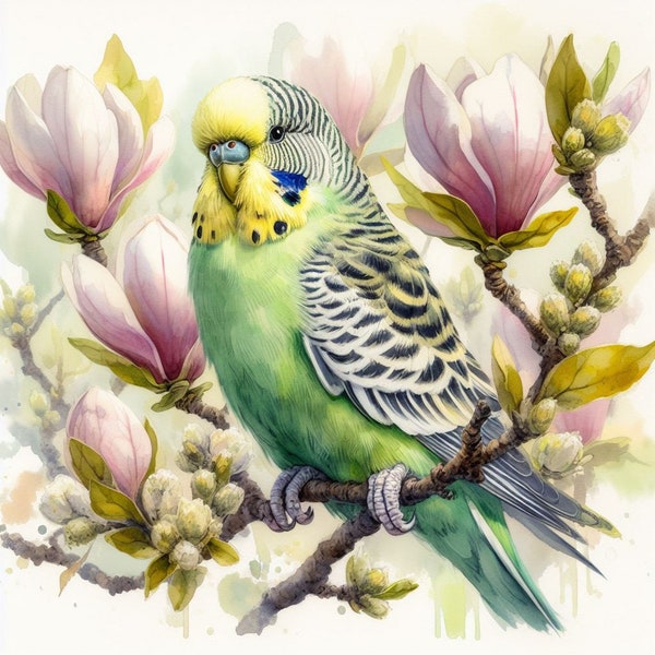 Budgerigar Budgie Bird on Magnolia Birthday Card or General Greetings Card