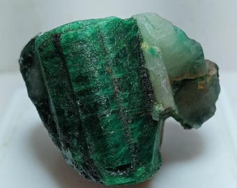 May include: A raw, unpolished emerald crystal specimen featuring a deep, saturated green color with vertical striations and a rough, textured surface. A smaller, translucent, pale white mineral formation is attached to the right side.