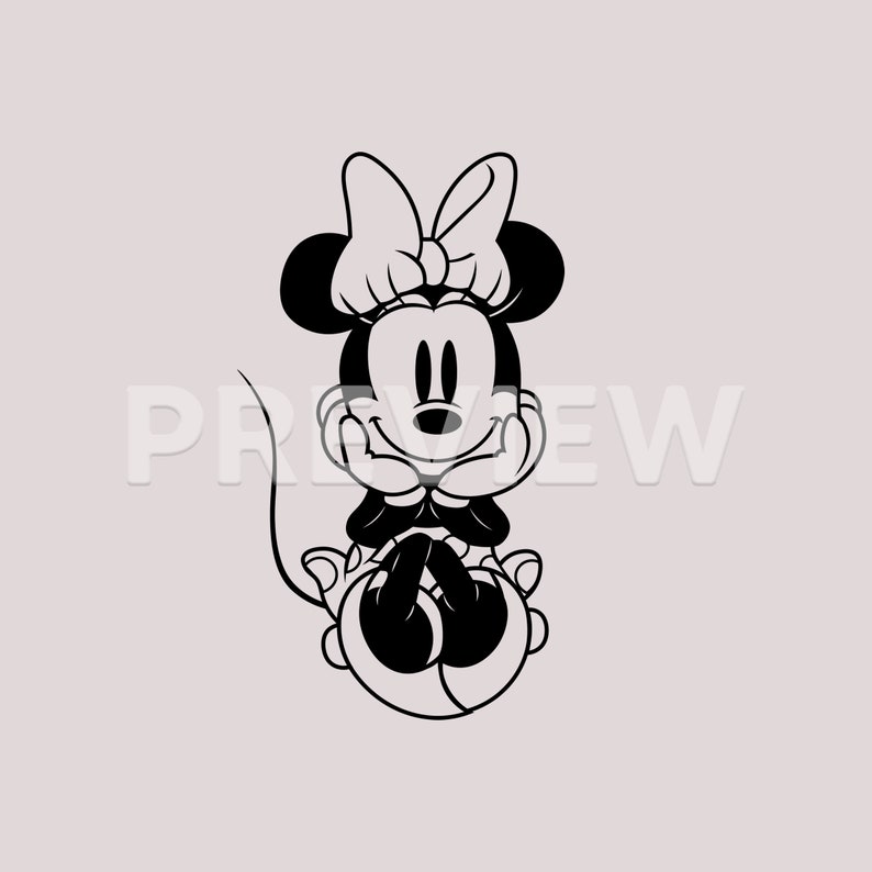 May include: Black and white illustration of a cartoon mouse with a big bow, sitting with her hands on her chin and smiling.