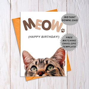 Printable Cat Birthday Card, Meow Happy Birthday, For Cat Lover, Cute Greeting Card, For Her, Free Envelope Template, Instant Download