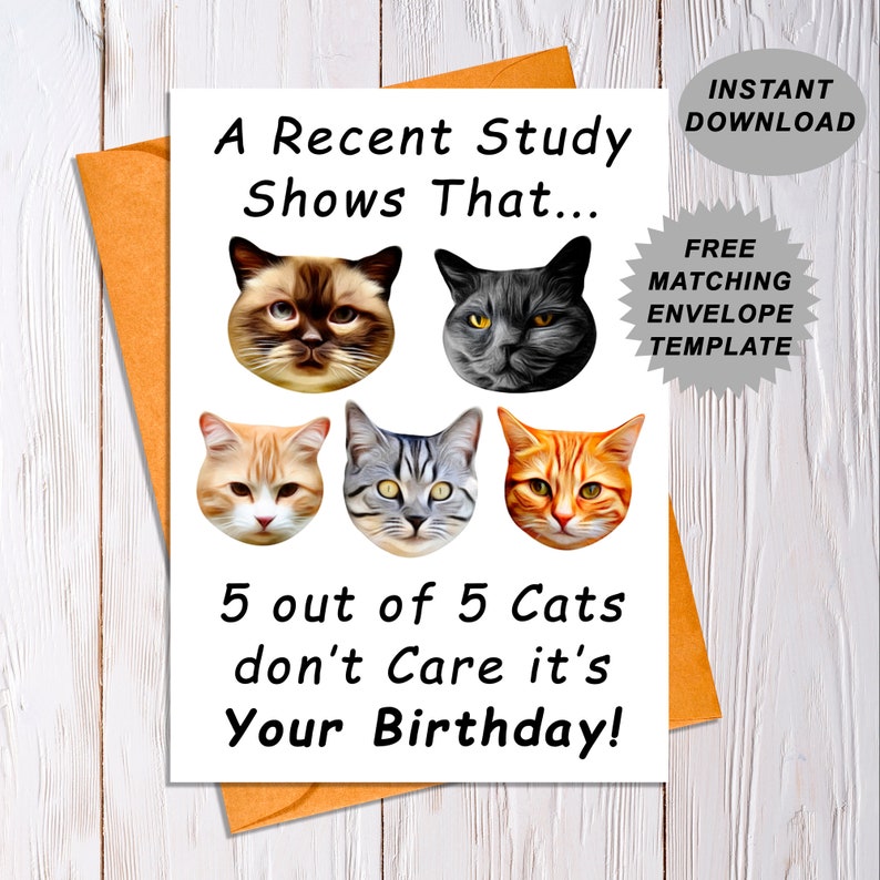 Printable Cat Birthday Card, Funny Greeting Cards, PDF Birthday Card ...