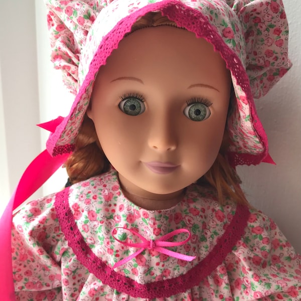 Smock Dress with Poke Bonnet and White Cotton Bloomers for 18 inch doll - American Girl and Journey Girl