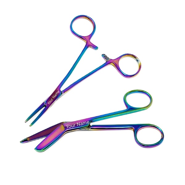 Tierarzt Geschenk-Set Individuell gravierte 2-teilige Studenten-Abschluss-Multi-Titan-Farbe-Edelstahl-Hemostat-Zange und Verband-Schere 5,5 "