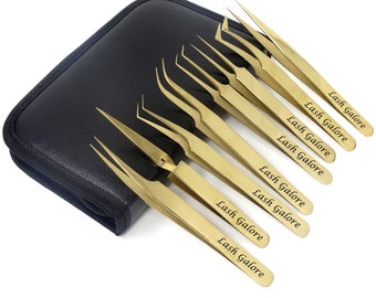Personalised Set of 8 PCS Precision Tweezers Fine Tip Stainless Steel Curved Bent Needle Nose Tweezers Rhinestone Bead Picking Tool & Pouch