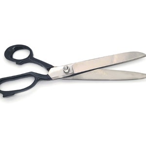 May include: Scissors with black handles and silver blades. The scissors are open and ready for cutting.
