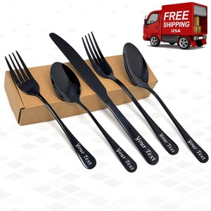 Juego de cubiertos de viaje portátiles personalizados para acampar, 5 piezas, cuchillo, tenedor, cuchara, EE. UU. con cualquier texto que desee, cubiertos de regalo para cualquier ocasión
