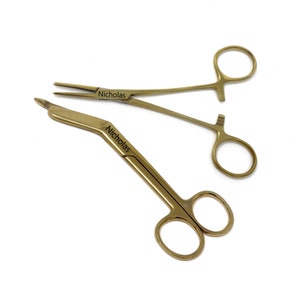 Customized Veterinarian Gift Set Engraved 2 Pcs Gold Color Stainless Steel Hemostat Forceps 5" & Bandage Scissors 5.5"
