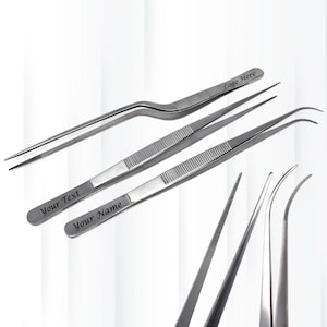Personalized Tongs Custom Engraved 3Pc Chef Tweezers Garnish Tools to Use for Food Decorating, Precision Serrated Stainless Steel 8&quot; Pincers