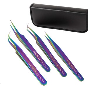 Lash Curved Tweezers Eyelash Extension Personalized Gift Set of 4 Individual Professional Precision Lashing, Stainless Steel, Multicolor