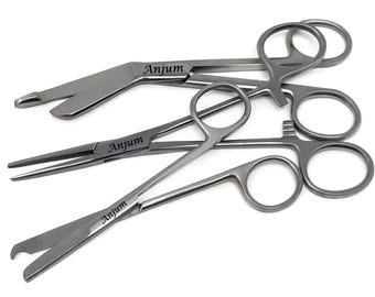 Engraved 3 Pcs Custom Gift Set Polished Stainless Steel Hemostat Forceps 5.5&quot; Suture Stitch 4.5&quot; Bandage Scissors 5.5&quot;
