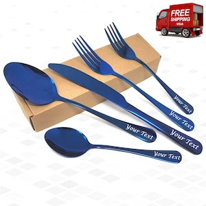 Customized 5Pc Flatware Cutlery Set With Any Text You Want, Personalized Gift Silverware Forks And Spoons For Any Occasion Can be Used Daily