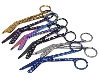 Tijeras de vendaje de 5.5" negras con estampado de pata, regalo de la Semana de la Apreciación para técnicos veterinarios, grabadas con láser.