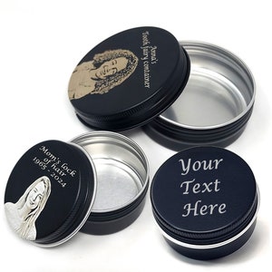 Personalized Storage Tin Jar Round Aluminum Custom Keepsake Container Engraved Lids with Dates Quotes Memorial Text or Image of Your Choice