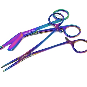 Veterinarian Gift Set Custom Engraved 2 Pcs Student Graduation Multi Titanium Color Stainless Steel Hemostat Forceps & Bandage Scissors 5.5&quot;