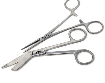 Personalize Gift Set of 2 Pcs Stainless Steel Bandage Scissors 5.5" + Hemostat Forceps 5.5" Engraved Customized Gift Under 25 Dollars